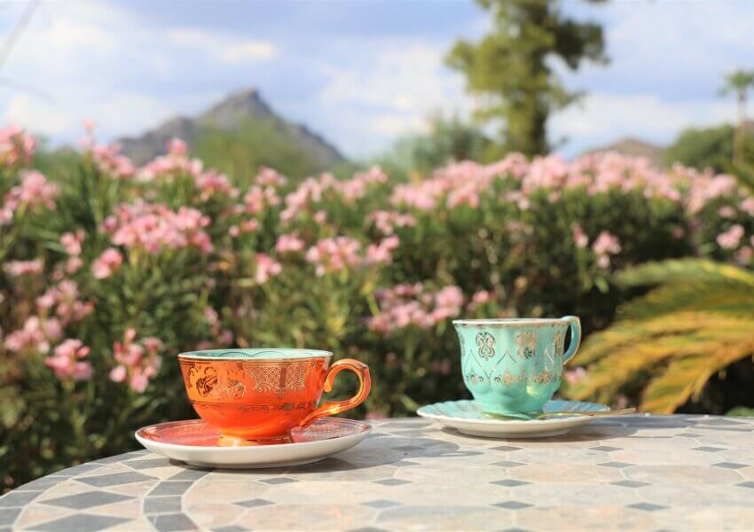 Two ornate teacups sit on saucers on a mosaic-tiled table outdoors, in front of a charming cottage suite. One teacup is red-orange, and the other is turquoise. In the background, pink flowers, lush greenery, a distant mountain, and a partly cloudy sky create a tranquil garden setting.