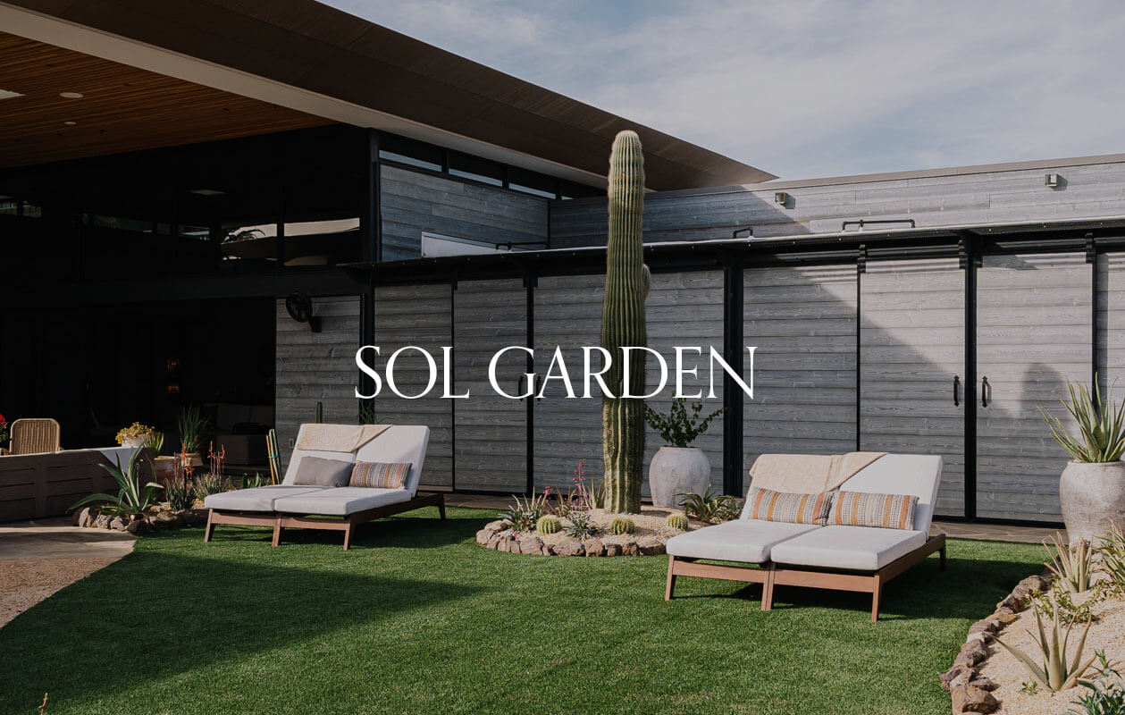 Outdoor patio scene with two lounge chairs on a neatly trimmed lawn, bordered by a stone pathway. A tall cactus in a planter and various potted plants add greenery. The backdrop features a modern building with sliding doors and wooden paneling. Text reads "Sol Garden.
