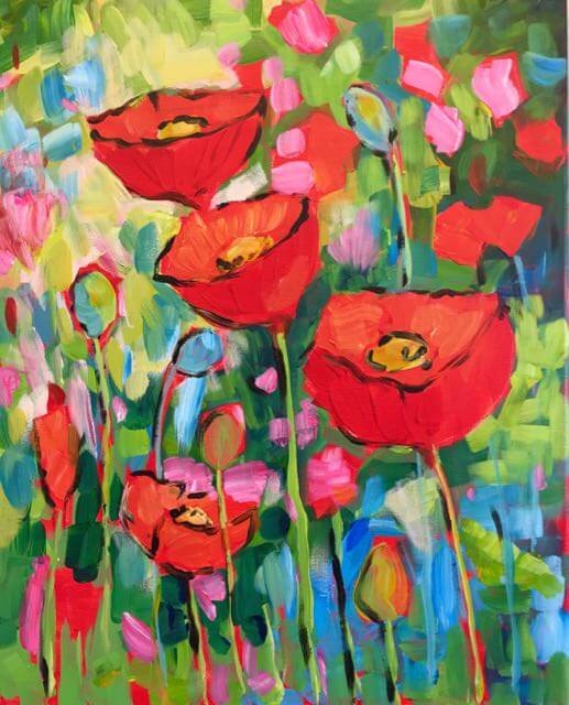 Colorful painting of bright red poppies with yellow centers on tall stems, set against a vibrant abstract background of green, pink, blue, and yellow brushstrokes.