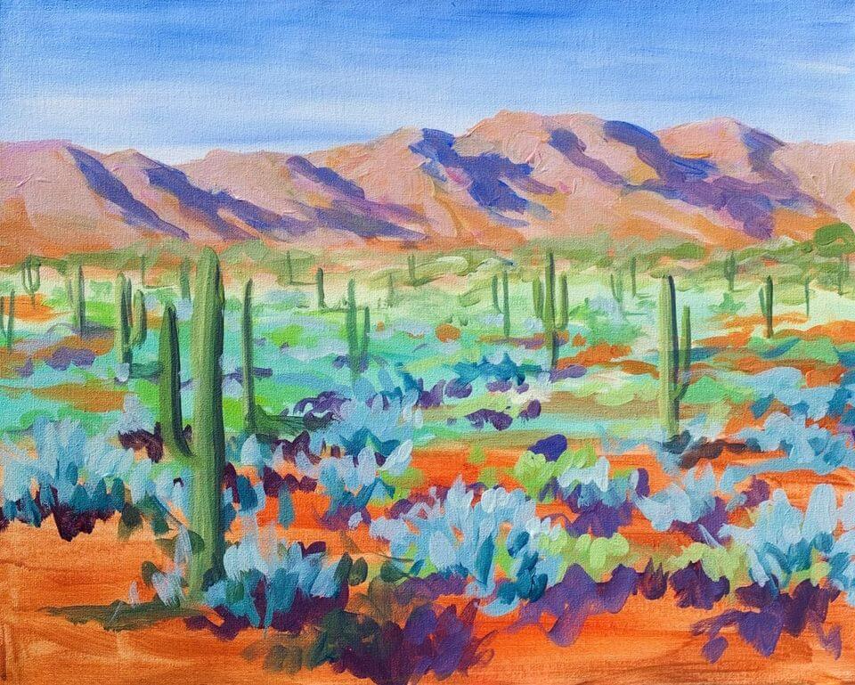 Colorful painting of a desert landscape with green cacti, purple and blue shrubs, orange soil, and distant brown mountains under a bright blue sky.
